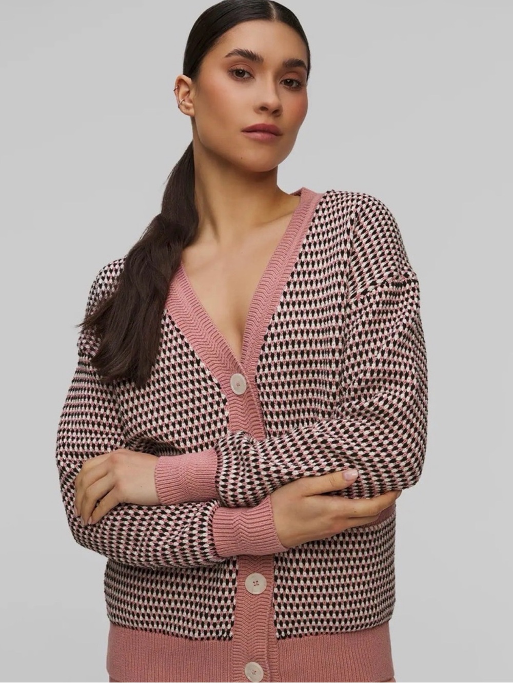 VARLEY Tiffany Textured Knit Cardigan in Woodrose Multi Stitch